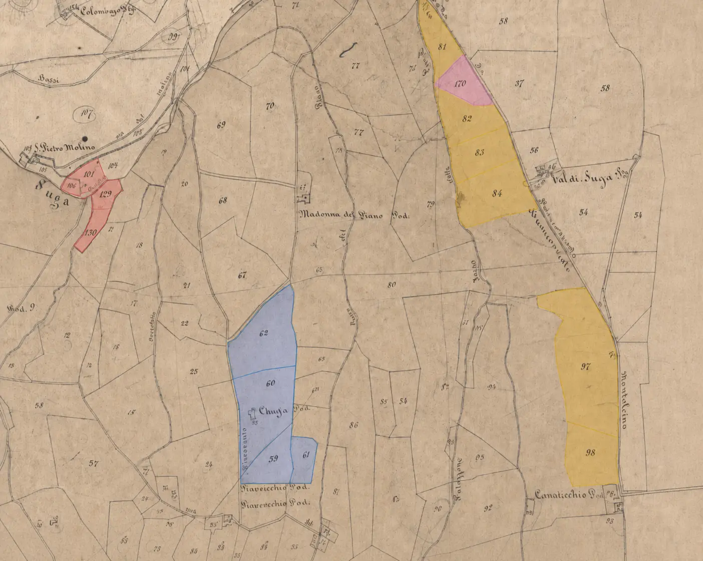 Coloured map of Le Chiuse / Scarnaquoja parcels